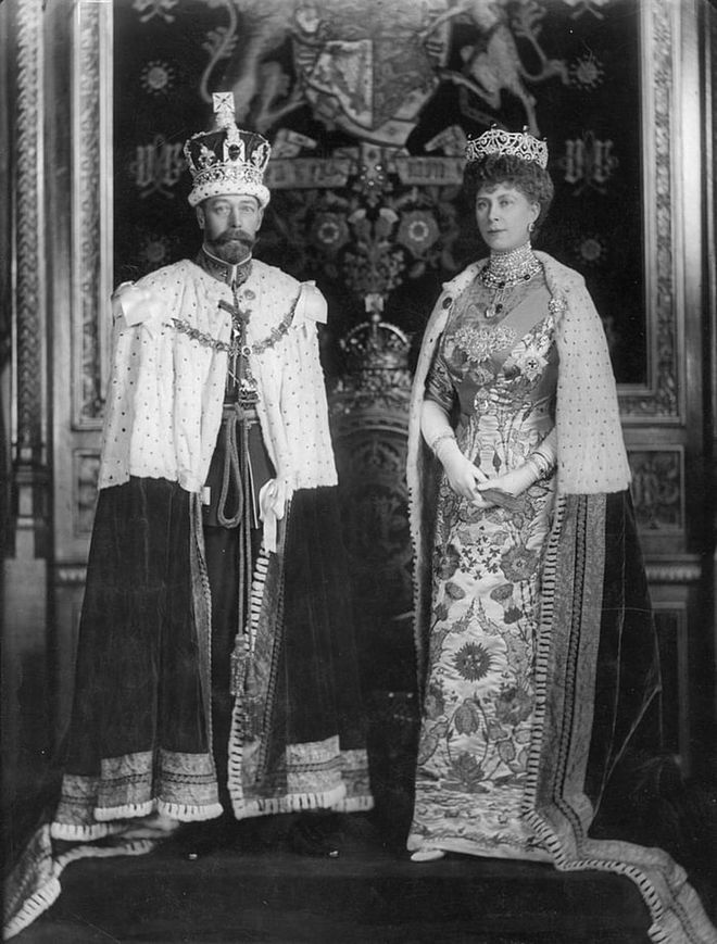 King George V, Elizabeth II's grandfather, ruled Britain from 1910 (following the death of his father, Edward VII) until his passing in 1936. Here, he's pictured with his wife, Queen Mary, formerly Princess Mary of Teck, at the Robing room of the House of Lords.