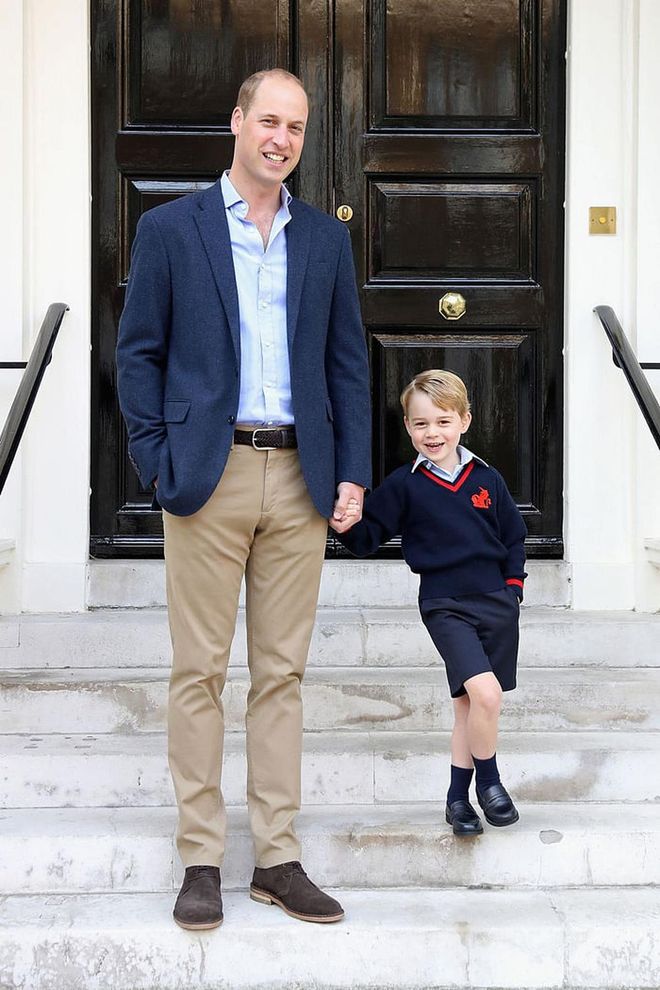 Prince William and Prince George are all smiles before the young royal heads to his first day of school at Thomas's Battersea in London. Kate Middleton, who is expecting her third child, was unable to join in on the festivities because she was home suffering from severe morning sickness. However, the Duke of Cambridge was able join his son on his big day.
