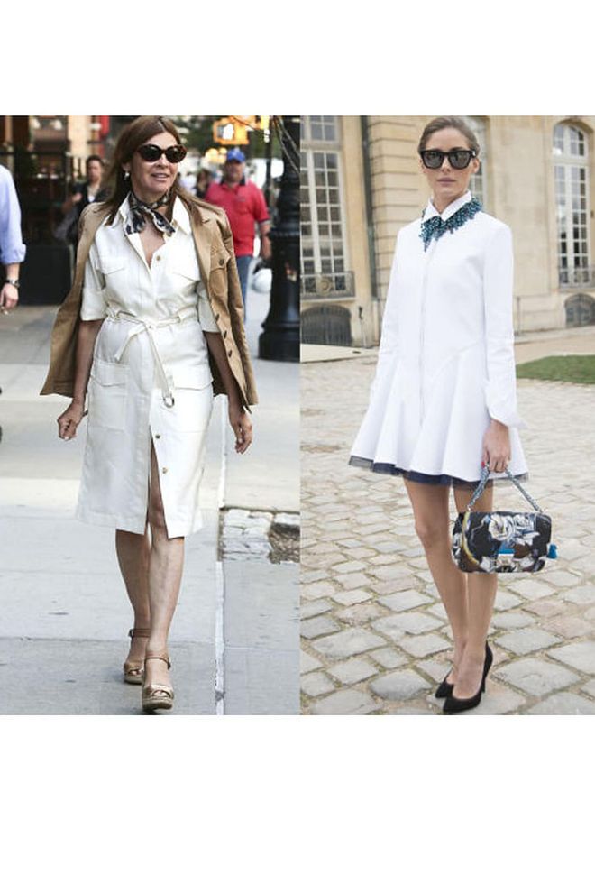 The shirt dress can go from casual with flats to dressed up with a blazer and heels. Its versatility is nearly endless.
Pictured: Carine Roitfeld and Olivia Palermo. Photo: Getty