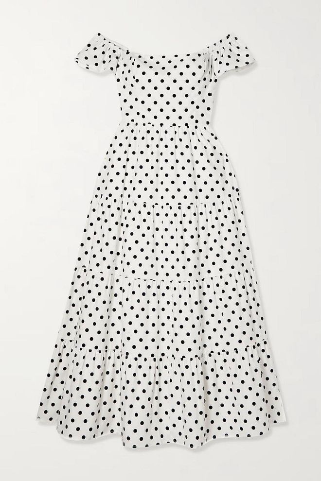 Derek Off-the-Shoulder Polka-Dot Organic Cotton-Blend Midi Dress, $492, Reformation at Net-a-Porter