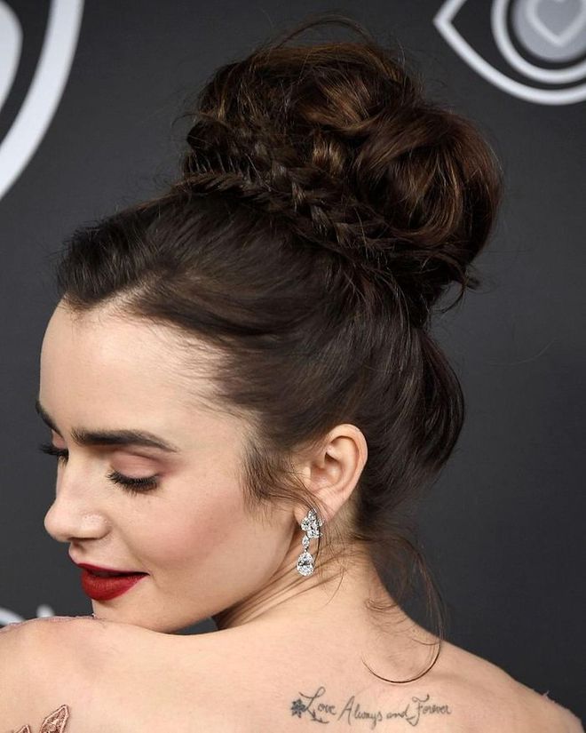 Lily Collins wore this princessy braided bun to this year's Golden Globe awards. Photo: Getty 