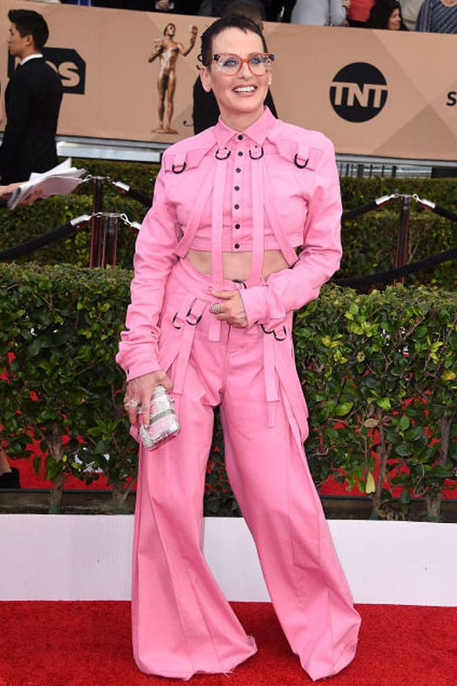 Actress Lori Petty opts for brown hair and way more color in her real-life wardrobe — this all-pink outfit from the Screen Actors Guild Awards is proof of how bold she'll go.
