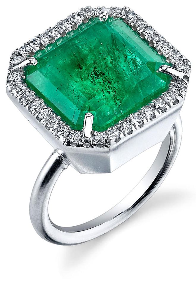 Platinum, diamond and emerald ring, price upon request, ireneneuwirth.com.

