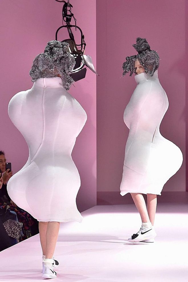 Another one of the most abstract designs from Kawakubo came in her most recent collection, last season in Paris. The designer questioned "The future of the silhouette" sending pairs of models down the catwalk in bubble-shaped cocoons. Just who will emulate this look? Photo: Getty