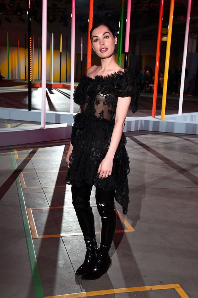 Poppy Corby-Tuech chose a darkly beautiful lace dress, styled with vinyl boots.

Photo: Eamonn McCormack / BFC / Getty