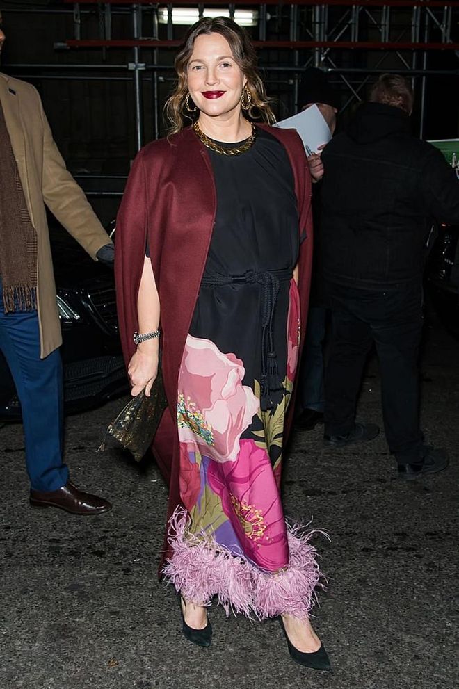 Drew Barrymore in a feather-trimmed floral gown in New York.

Photo: Gilbert Carrasquillo / Getty