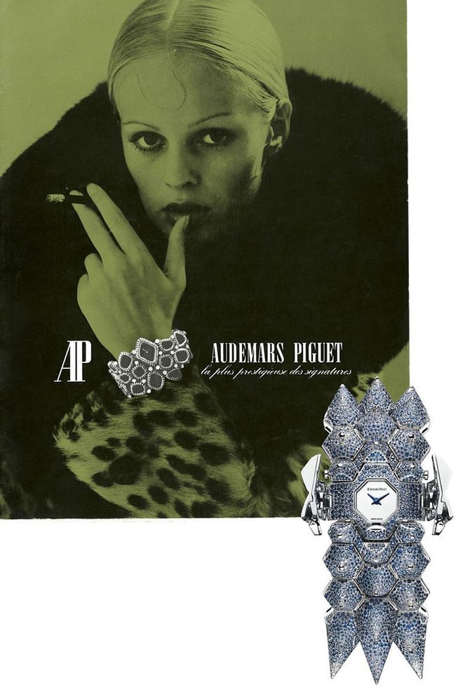This '70s-chic ad is significant in Audemars Piguet's history—and the important period for sculptural, bold ladies' timepieces has recently been rediscovered, with pieces from the era becoming increasingly sought-after at auction. The final piece, of three total, in Audemars Piguet's "Haute Joaillerie" series—the dramatic, spiked "Outrage"—features an 18K white gold frame supporting 11,043 (!) brilliant-cut sapphires for the same dangerous glamour as was seen back then.

Haute Joaillerie Sapphire Outrage, price upon request; audemarspiguet.com