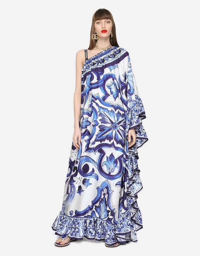 Long One-Shoulder Twill Dress With Majolica Print, $5,600, Dolce&Gabbana

