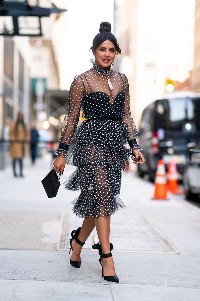 In a sheer polka dot dress by Philosophy di Lorenzo Serafini while out in New York.

Photo: Getty