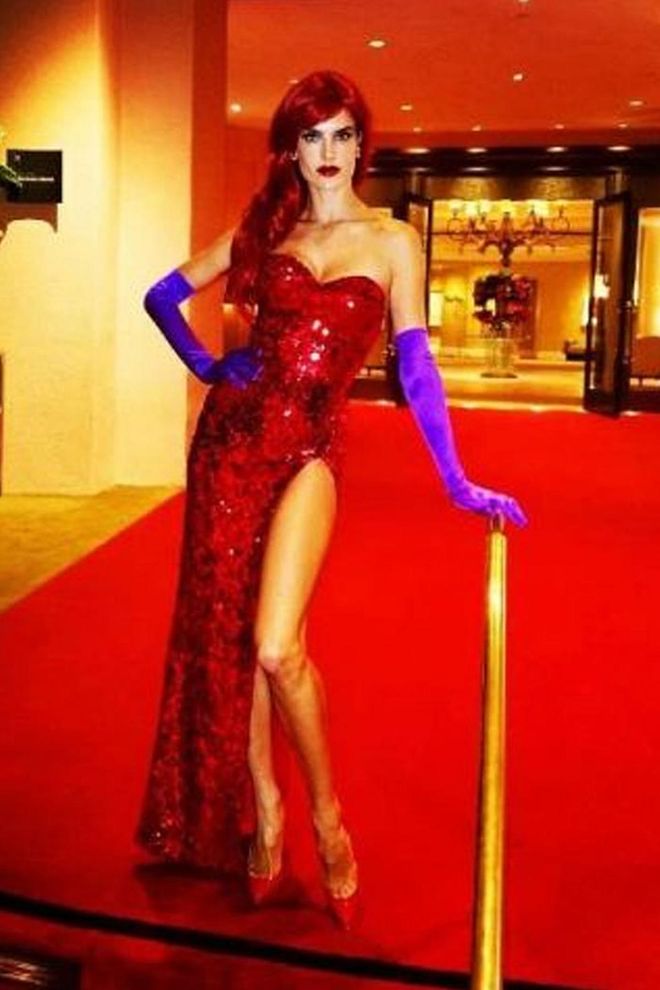 The model dressed as Jessica Rabbit.