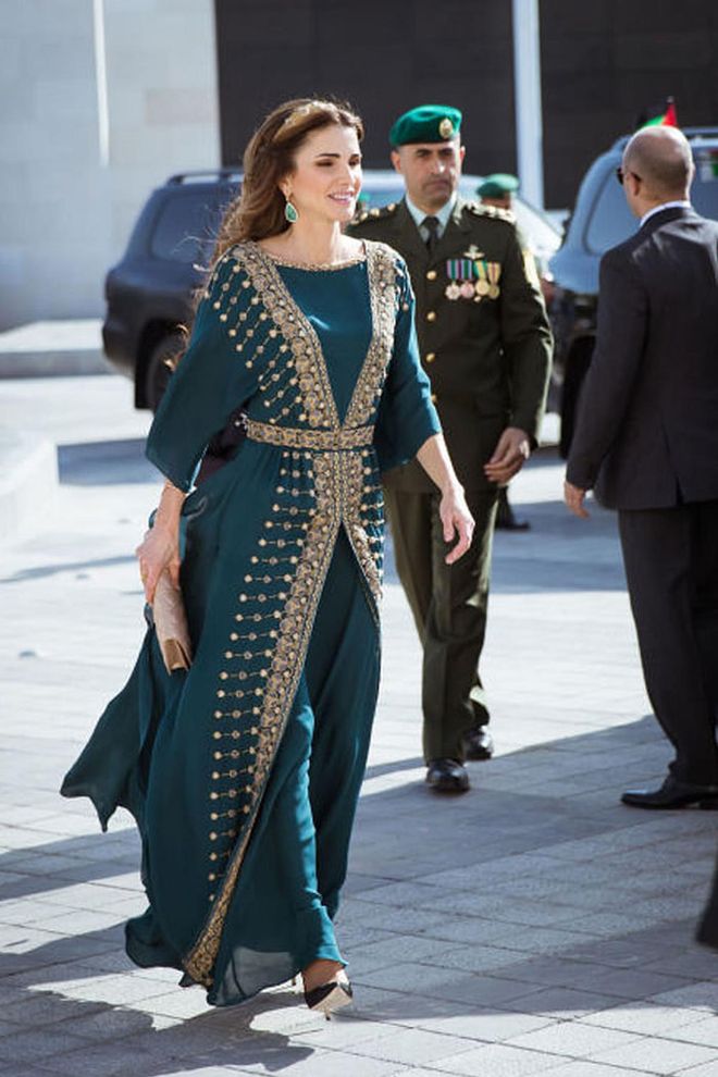 A deep teal chiffon gown and ornamental gold headband helped her ring in the celebration of the centennial of the great Arab revolt earlier this year.