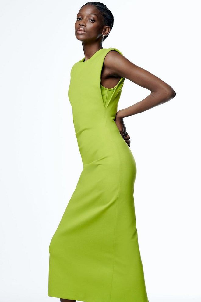 Draped Dress With Shoulder Pads, $99.90, Zara
