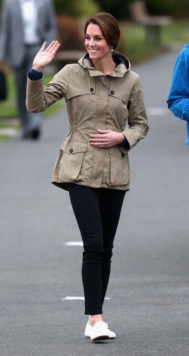 Going casual for the final day of the Royal Tour, the Duchess wore a Troy London parka, Zara pants and white Superga sneakers.  Photo: Getty