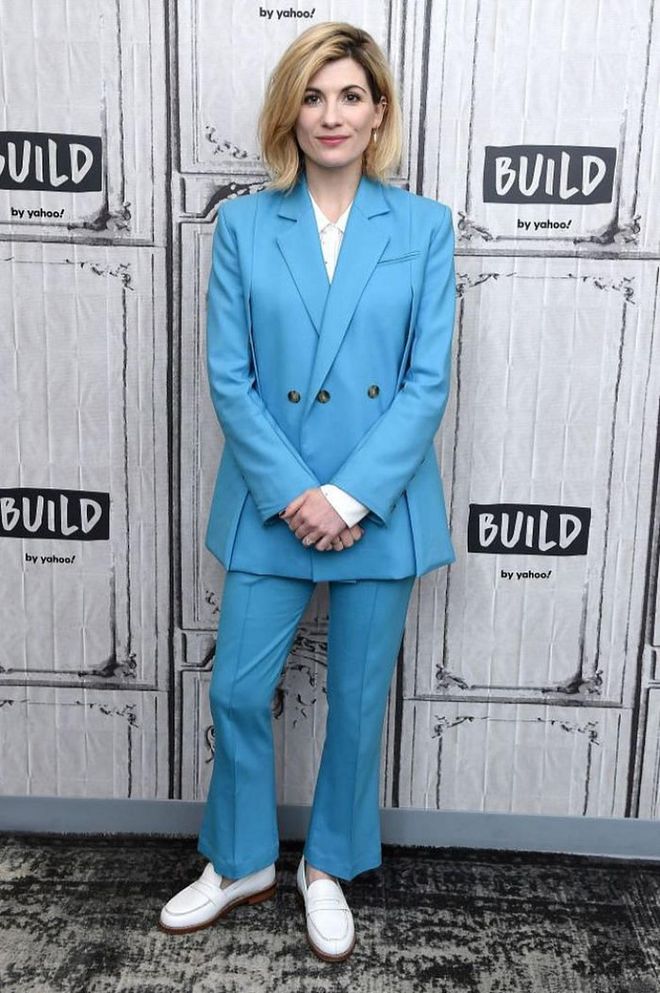 Jodie Whittaker went bright in a blue trouser suit and white loafers to discuss Doctor Who at Build Series.

Photo: Gary Gershoff / Getty