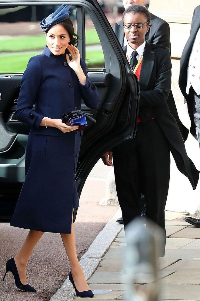 Meghan Markle, Duchess of Sussex, entering the ceremony dressed in head-to-toe blue.