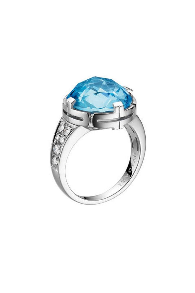 Bold and beautiful, the cocktail ring comes in all manner of shapes, sizes and designs, but it is almost always a conversation piece. Bulgari's masterpieces are guaranteed to dazzle.
White gold, blue topaz and pavé diamonds Parentesi cocktail ring, £3,460, Bulgari