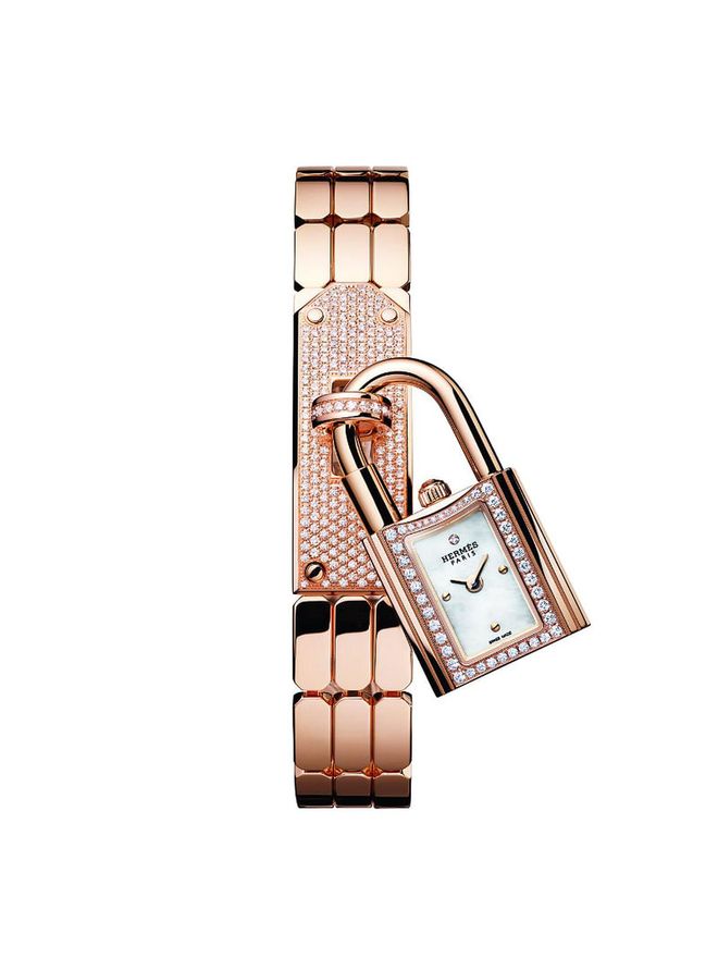 Rose gold and diamond Kelly TPM watch with mother-of-pearl and diamond dial, $55,000, Hermès