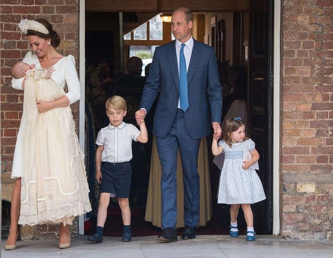 In July 2018, George and Charlotte were on hand to celebrate their younger brother's christening in London. The family of five is photographed here leaving the service.
Photo: Getty 