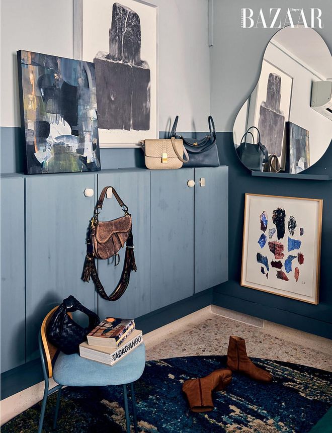 The artworks in his bedroom include (from left) Synergy by Inkten, Revêries by Junghee Yoo and The Last Voyage by Chen Shitong; which share the space with his bags from Bottega Veneta, Dior, CELINE and Hermès; and boots from Maison Margiela