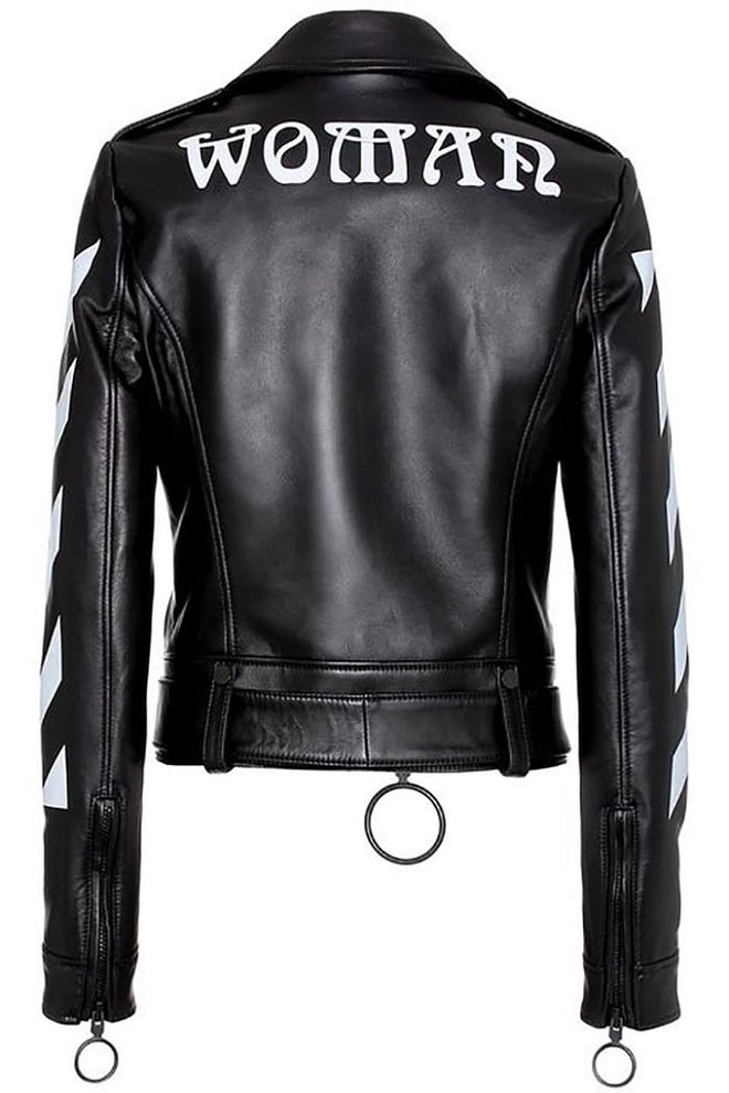 Off-White leather jacket, $2,279, mytheresa.com.