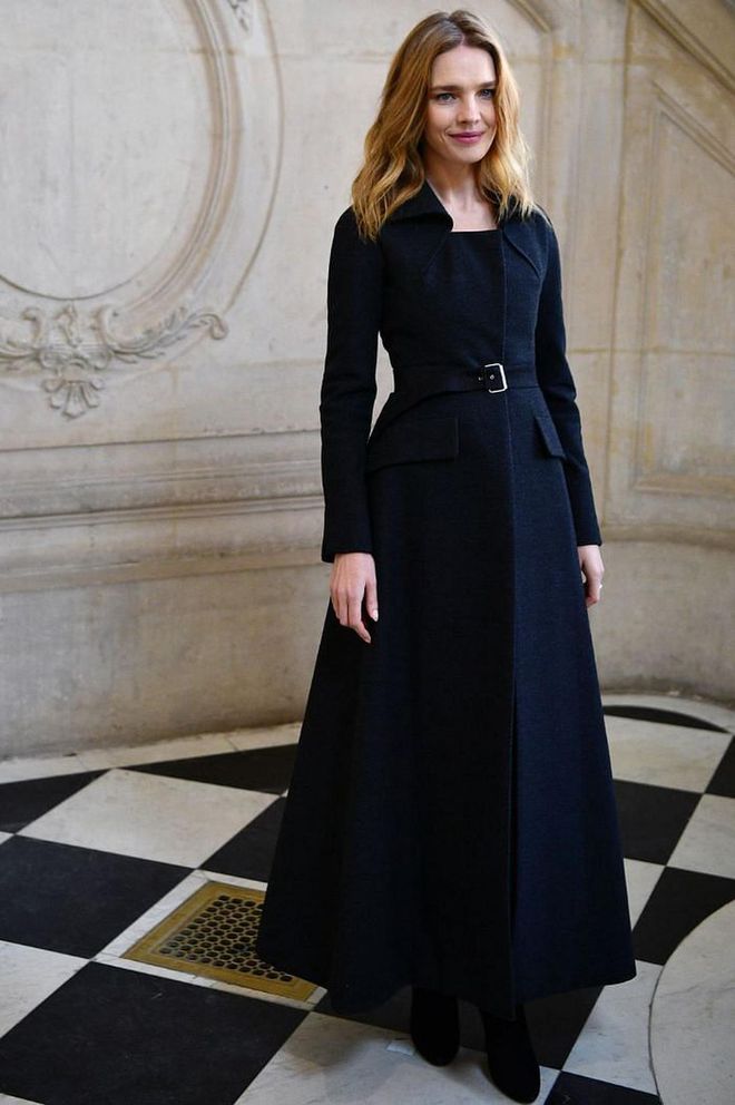 Natalia Vodianova posed in a structured belted coat-dress.