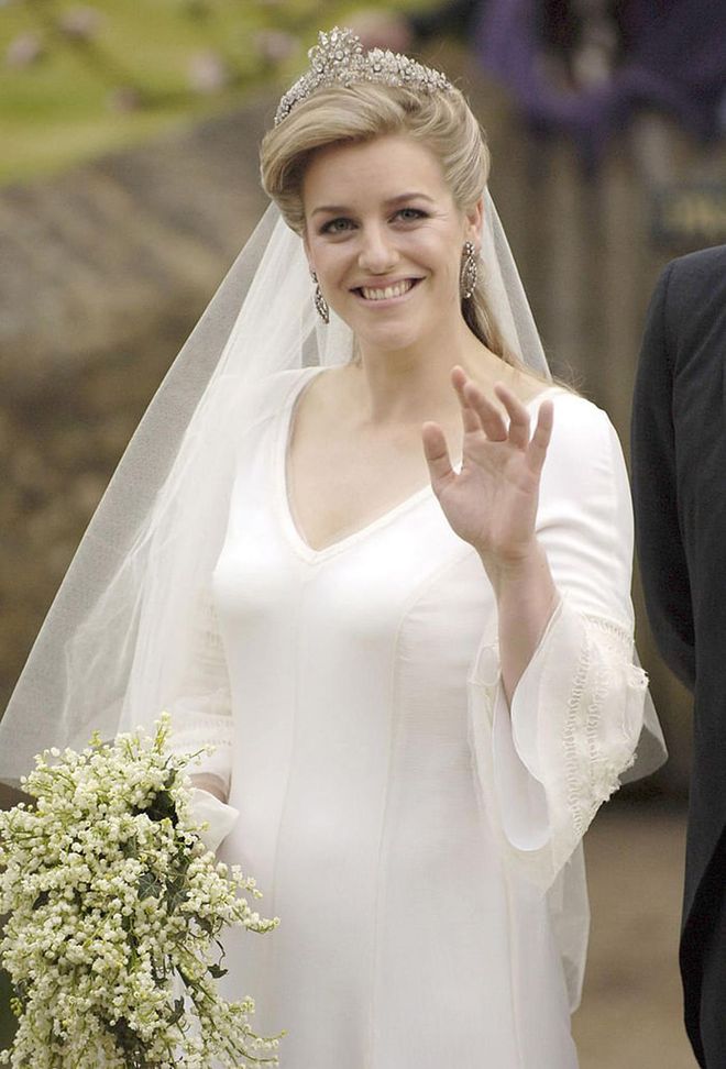 Laura Lopes, the daughter of Camilla, Duchess of Cornwall and her first husband Andrew Parker Bowles, wore a family heirloom, the Cubitt-Shand tiara, on her wedding day. The tiara once belonged to Camilla's grandmother, Sonia Cubitt, and later to Camilla's mother, Rosalind Shand. The floral tiara was also worn by Camilla at her first wedding in 1973.