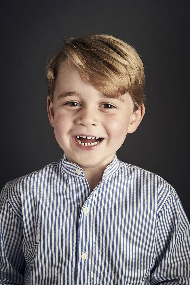 Say cheese! Prince George celebrates his fourth birthday with an official portrait taken at Kensington Palace, released by the Duke and Duchess of Cambridge.