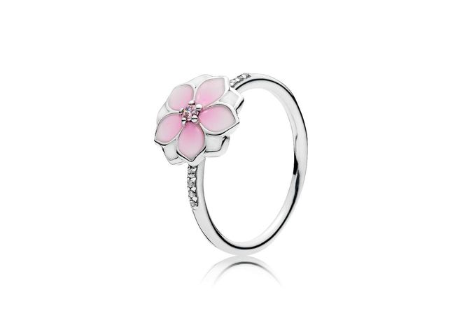 Magnolia Bloom sterling silver ring with pink cubic zirconia, clear cubic zirconia, sweet pink and white transparent enamel, $99