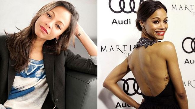 Saldana has stars tattooed on her wrist, ribcage and foot, as well as words in Arabic on her back and foot.