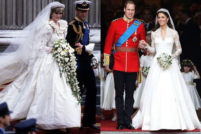 Diana at her wedding to Prince Charles in 1981; Kate at her wedding to Prince William in 2011.