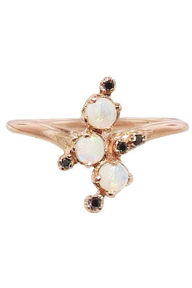 18kt rose gold ring with opal and black diamond, $900, ylang23.com.