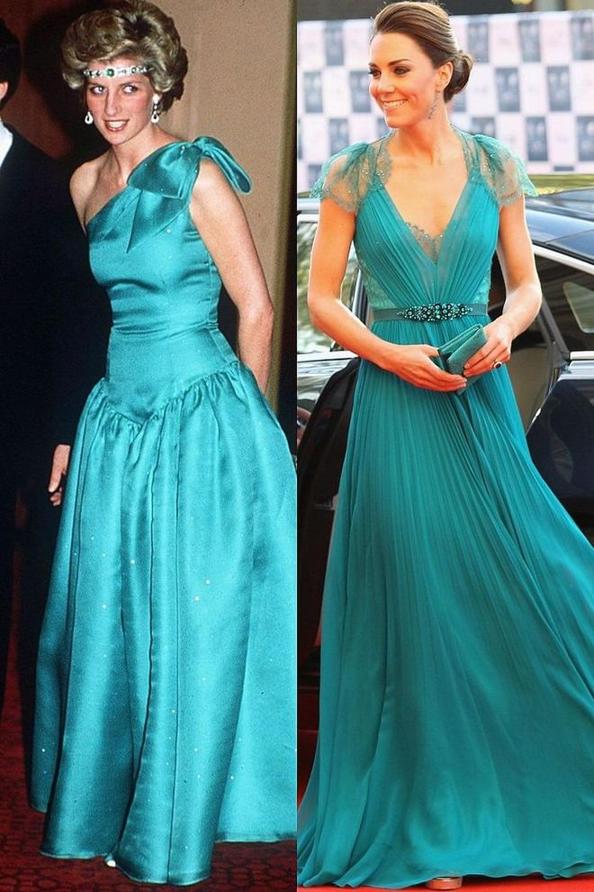 Diana in Melbourne in October 1985; Kate in Jenny Packham at Royal Albert Hall in May 2012.