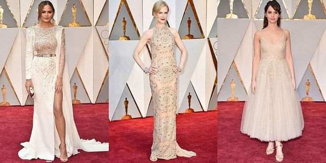 Not quite nude, but not quite blush, this frothy neutral hue ranged from balletic and feminine to straight up sexy. Left to right: Chrissy Teigen in Zuhair Murad, Nicole Kidman in Armani Prive, Felicity Jones in Dior