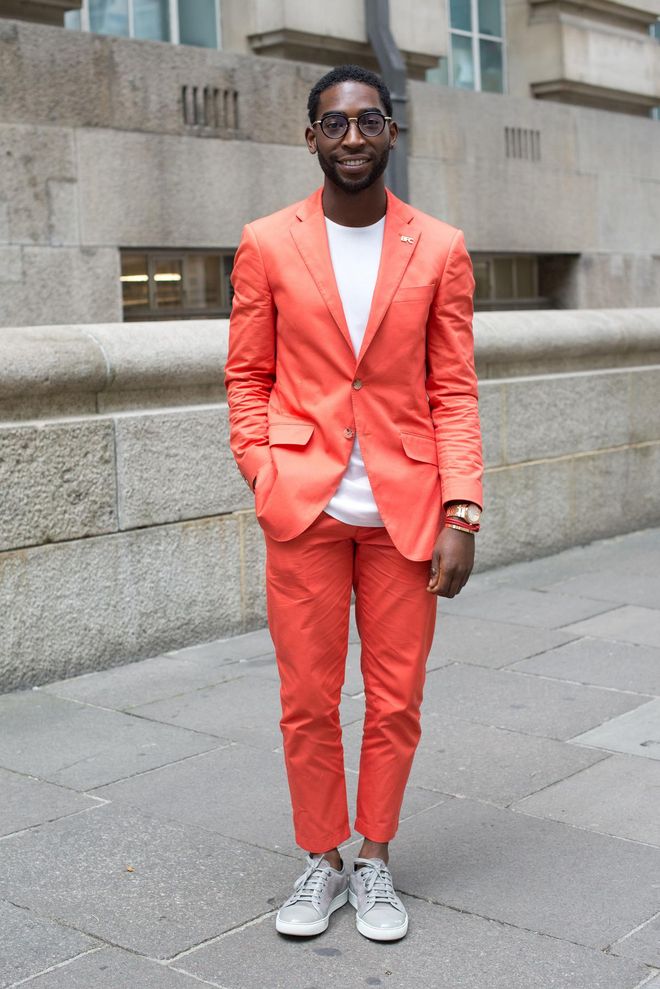 The rapper knows that the key to pulling off more flamboyant looks is rooting them in basics, as shown by this tangerine suit paired with a simple white T-shirt and trainers.