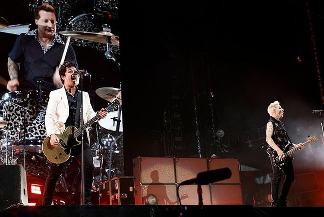 NEW YORK, NEW YORK - AUGUST 04: Billie Joe Armstrong, Mike Dirnt and Tre Cool of Green Day perform during The Hella Mega Tour at Citi Field on August 04, 2021 in New York City. (Photo by Jamie McCarthy/Getty Images)