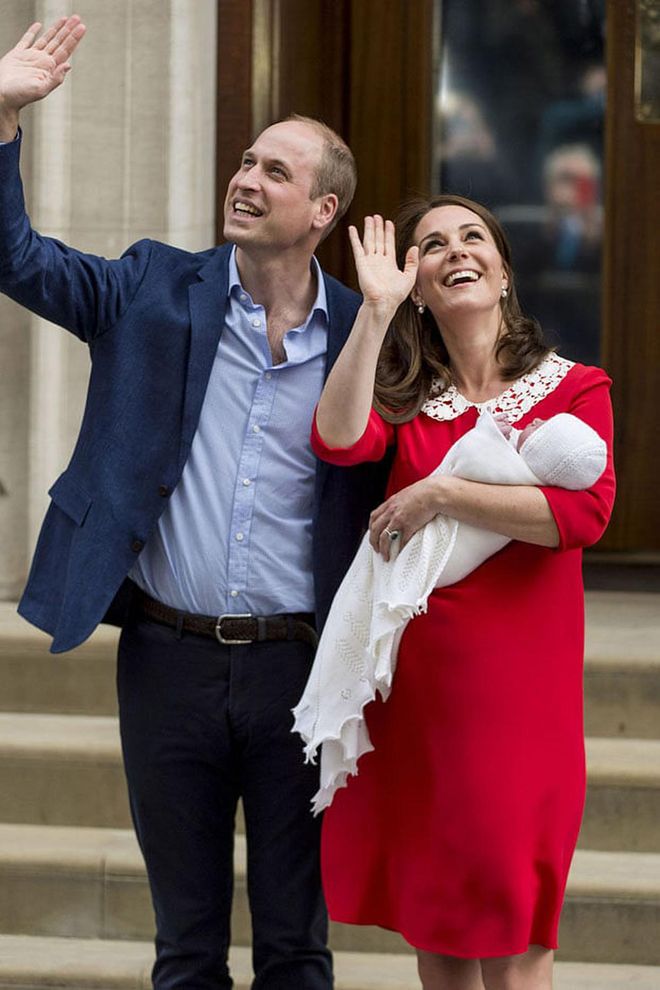 Kate Middleton gave birth to Prince Louis on Monday, April 23, which is just two days after Queen Elizabeth's birthday (April 21). In typical royal fashion, the Duke and Duchess of Cambridge debuted their new baby on the steps of Lindo Wing, with the Duchess making a sweet tribute to Princess Diana in her red and white dress.