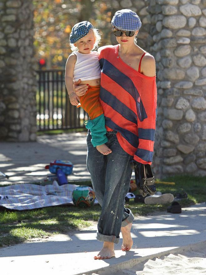 Though their twinning didn't extend down to their outfits, Gwen Stefani stepped out with her youngest son wearing matching blue checked newsboy caps for a more subtle take on the mommy-and-me look.

Cherokee toddler boys hat, $7, target.com. Photo: Getty