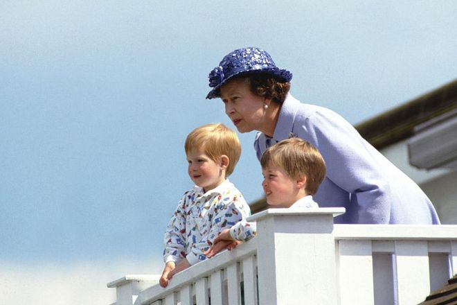 The Queen with Prince William and Prince Harry at Guards Polo Club in Windsor, June 1987.