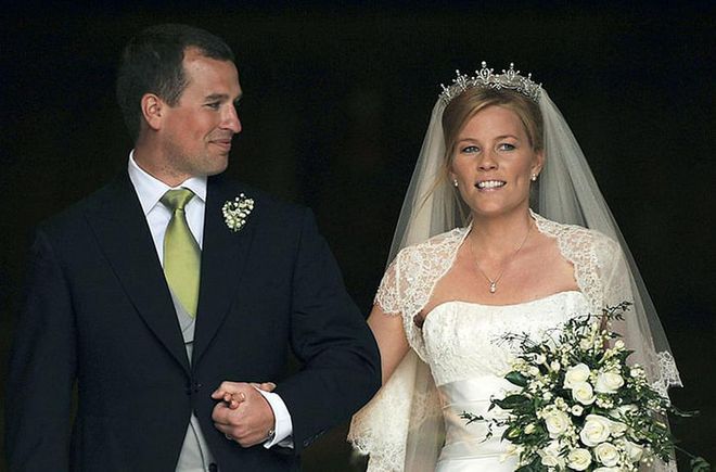 Autumn married Peter Phillips, Princess Anne's son, wearing the Festoon tiara, which was given to Anne in 1973 by the World Wide Shipping Group. Anne wears the delicate diamond tiara often, and lent it to her new daughter-in-law on her wedding day.
