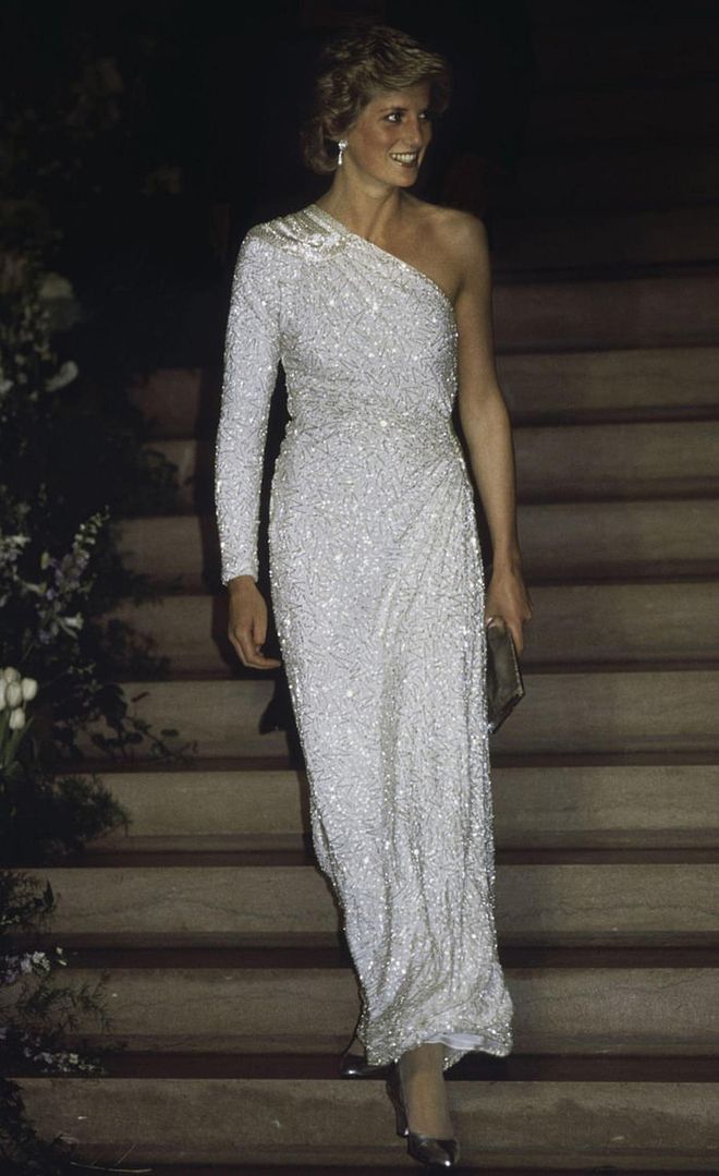 The late, beloved Princess of Wales wore a crystal beaded gown by Japanese designer Hachi to a Washington D.C. gala in 1985. Photo: Getty 