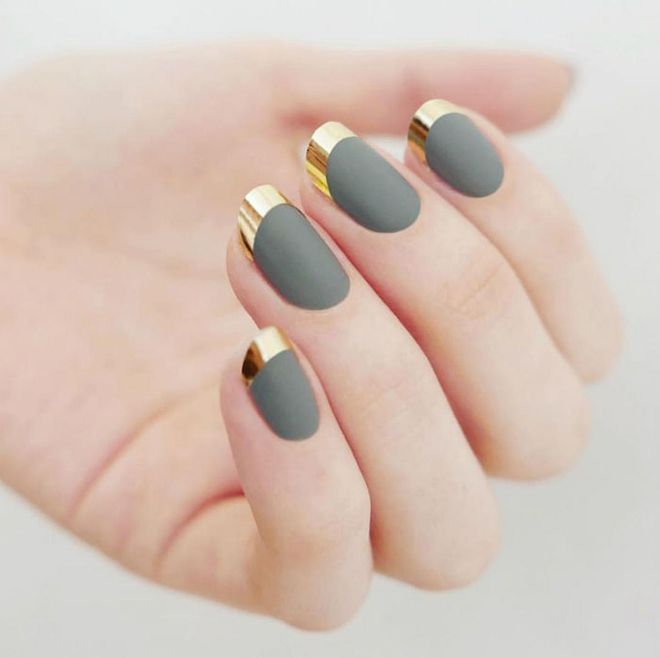 Contrasting colors in two textures give this French a futuristic edge.  
@mpnails 