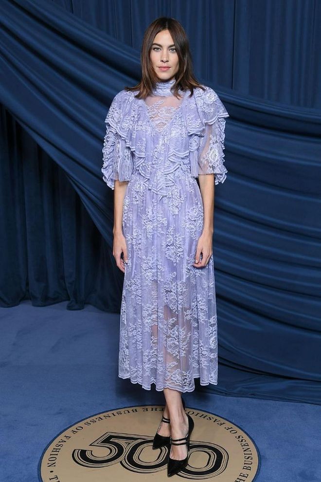 Alexa Chung chose a lilac lace dress by Preen for the occasion.

Photo: Getty