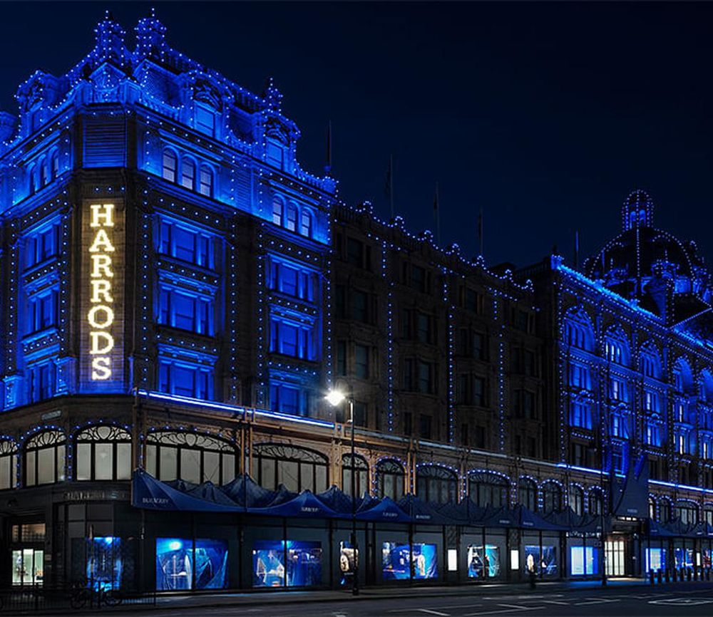 Harrods facade with Burberry's Knight Blue light up. Photo: Courtesy of Burberry