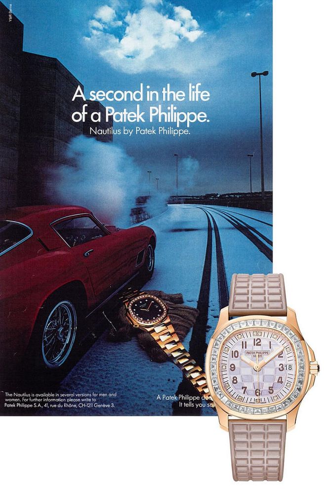 What's more over-the-top than tossing your mink out of a Ferrari? The dramatic image still packs a punch, and the watch it spoke to has maintained its allure. An updated rose gold version of Patek's iconic watch released for 2017 features a self-winding mechanical movement and a bezel set with 40 baguette-cut diamonds and a pearlized beige rubber strap.

Aquanaut in rose gold with diamonds, USD87,320; patek.com