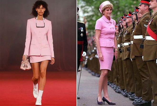 Diana often wore pastel sets paired with pillboxes for cocktail attire, but Abloh imagined the modern day Diana sporting shorter hemlines—and tennis shoes for evening. For added je ne sais quoi, Off-White's pink suit (and his pastel blue version, below) strutted the runway with a pair of heels in hand instead of a purse. Photo: Getty 