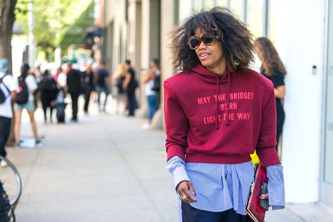Streetwear hit its peak this year as the reining winner of the street style scene. From Vetements to Off-White, there was an influx of sweatshirts reading "May The Bridges I Burn Like The Way" and "You Fuck'n Asshole" making an appearance at almost every fashion event of the year. Let's not forget the craze of Vetements' DHL T-shirts, either.
