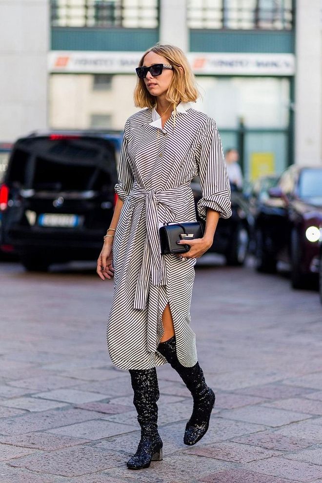 Give your classic shirt-dress a new lease of life by allowing your thigh-highs to peak out from underneath. It feels strange to conceal part of such a statement shoe, but honestly this is the most 'fashion' way to wear them for day. Photo: Getty 