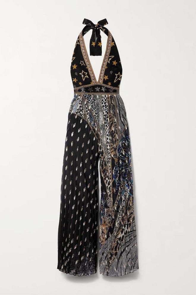 Open-Back Embellished Printed Fil Coupé Silk-Crepe Halterneck Jumpsuit, $1,383, Camilla at Net-a-Porter

