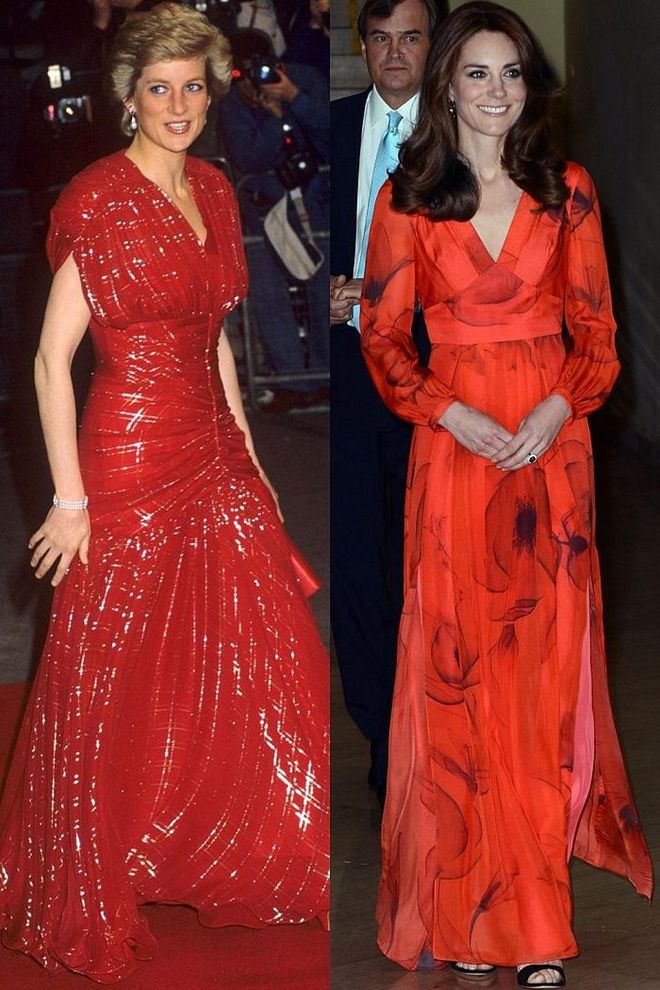 Diana in Bruce Oldfield at a movie premiere in November 1991; Kate in Beulah London at a reception in Thimphu, Bhutan in April 2016.