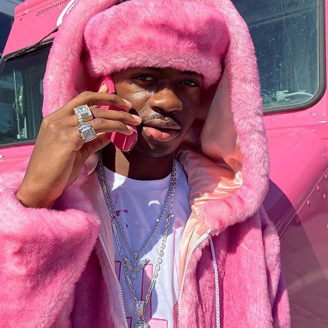 The "Old Town Road" hitmaker also donned pink, this time emulating Cam'ron. The hot pink fur and matching flip phone are spot-on.
